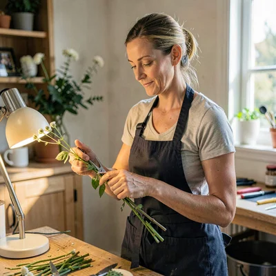 A gentle white florist in her thirties trimming a stem at a slant, lamp on the g