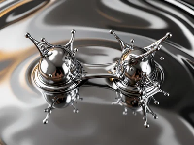 Two chrome blobs about to merge, stretched bridge of liquid metal connecting the