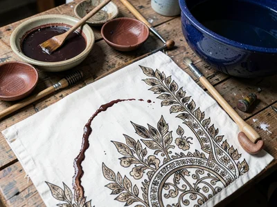 A batik workshop table with bowls of wax, tjanting tools, and cloth stretched fl