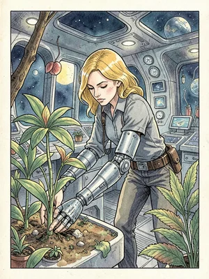Cyborg gardener on space station