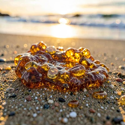 Baltic amber luminescence, backlit golden-brown, Rough amber washed up on sandy 