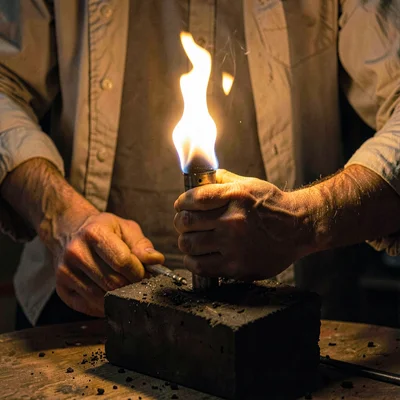 Lamp-lit hands holding a torch over a charcoal block, soft flame glow on rolled-