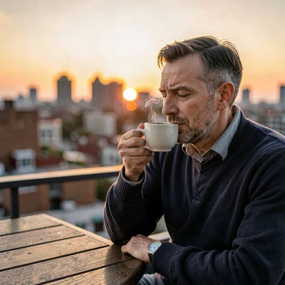 Father drinking coffee on a rooftop at dawn, city skyline soft-blurred, deep amb