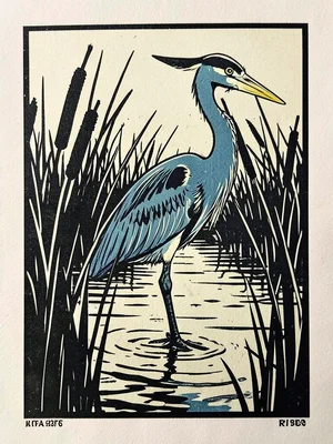 A great blue heron standing in shallow marsh water with cattails, late afternoon