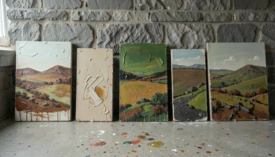 Thick impasto oil painting on board, palette knife marks visible, abstract lands