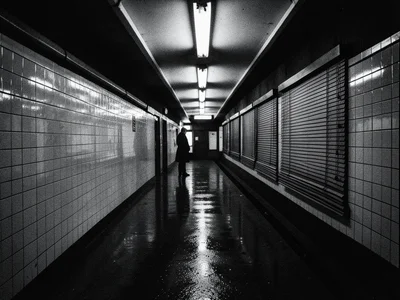 Empty subway platform at 2am, single figure waiting, fluorescent light harsh on 