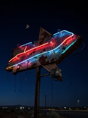 A motel sign at the edge of a desert highway, a large arrow shape outlined in ne