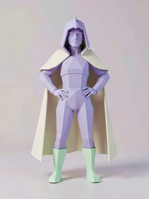 Caped faceted lavender lowpoly hero figure striking a hands-on-hip pose with chu