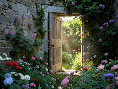 Hidden garden behind old wall, door slightly open, light spilling through, flowe