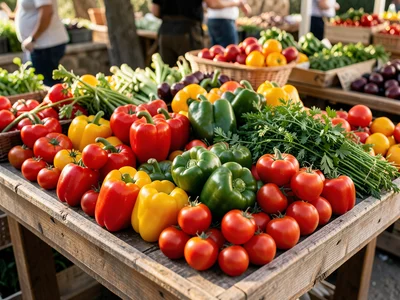 Farmers market stall overflowing with colorful bell peppers, tomatoes, and herbs