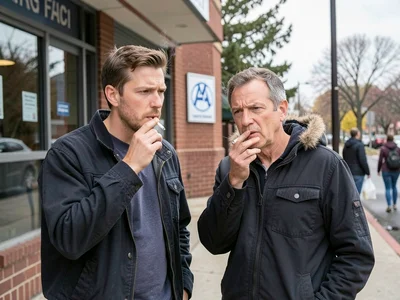 Two strangers sharing a cigarette outside an AA meeting, neither making eye cont