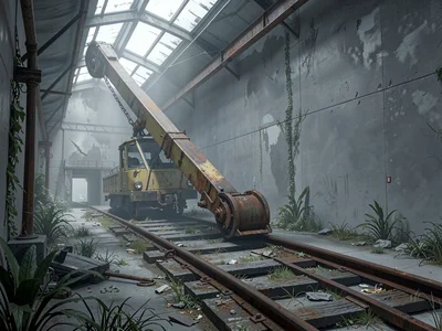 Inside a coke battery's pusher gallery with a long rusted ram poised over hopele