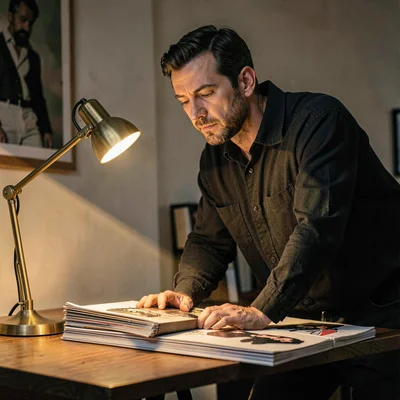 Lamplit portrait of an art director leaning over a stack of mood boards, brass d
