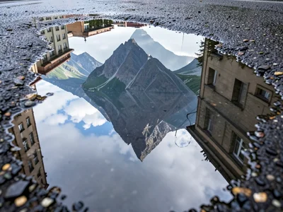 Mountain reflected in alpine tarn, mirror-still glacial pool creating perfect sy