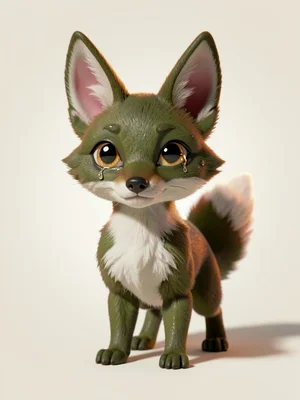 Small fox-cousin spirit standing alert with ears upright, bright wet eyes catchi