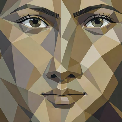 Close-up of an eye, nose and jaw arranged as simultaneous facets in muted ochre 