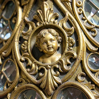 Baroque ornament fragment, Moravian gilt detail, Reliquary case detail, filigree