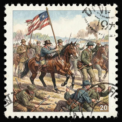 Postage stamp illustration, Revolutionary war scene , tiny perfect composition, 