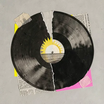 Editorial collage of a vinyl record split in half with a paper sun rising from t