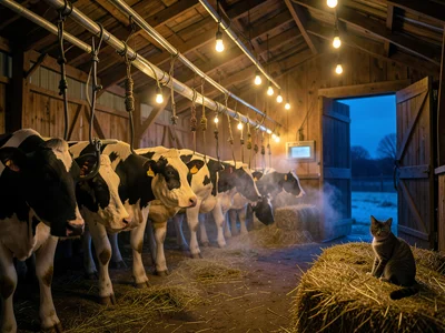 A dairy barn at 5am milking time, the barn's interior lit by a row of bulbs hang