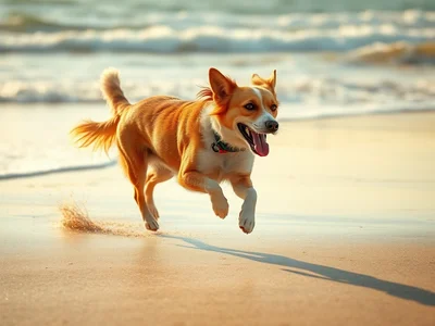 Candid photography style: a joyful dog running along the shoreline on a bright beach, sand kicking up under its paws, oc