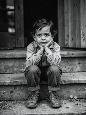 Child sitting on wooden porch steps, chin resting on knees, looking directly at 