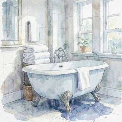 Soft wash interior of a small bathroom with stacked towels and a clawfoot tub, c