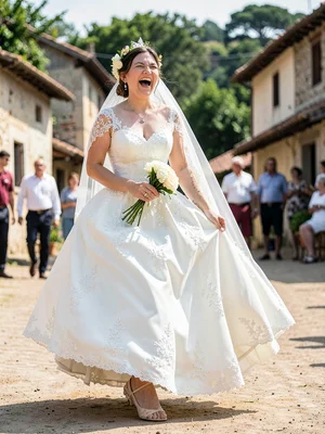 Young bride in village square, caught mid-laugh before the formal part, dress st