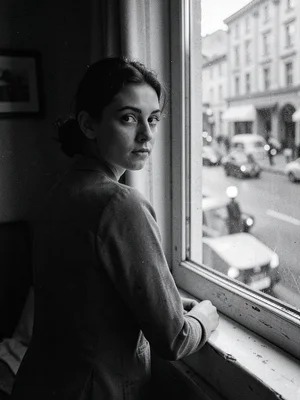 Young woman at a window in a rented room, looking out, back to camera, street no