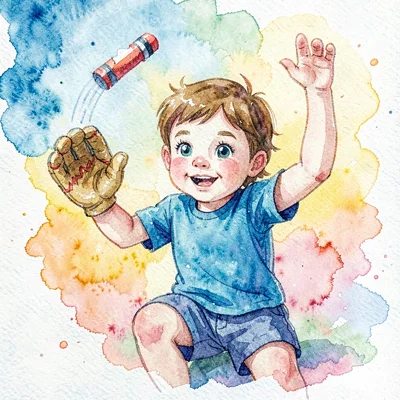 A toddler with torn-paper baseball glove catching a crayon ball mid-arc