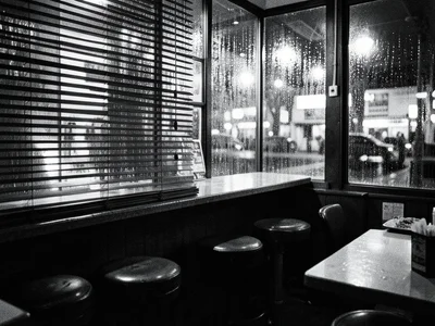 Diner counter at night through rain-streaked window, warm interior glow, empty s
