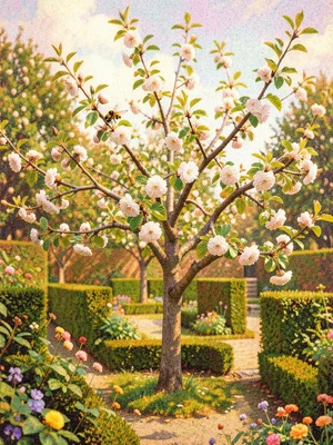 A garden wall espaliered with a pear tree in blossom with a bee visiting the flo