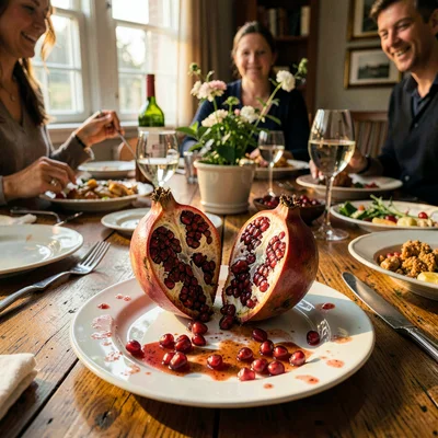Mid-feast table scene, abundant hospitality, Pomegranate split open on white pla