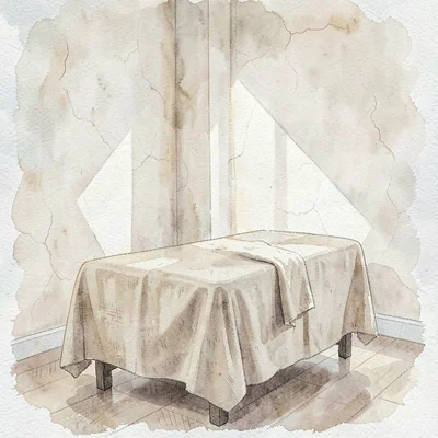 Watercolor wash of a quiet treatment room at midmorning, padded table draped in 