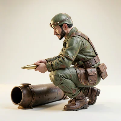 Crouched beside an unseen tube, the mortar-gunner steadies a brass-tipped shell 