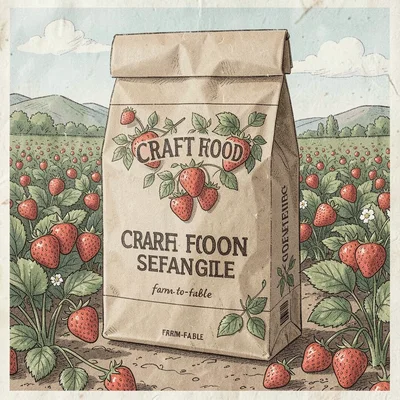 Artisan food packaging illustration, Strawberry field at peak season , farm-to-t