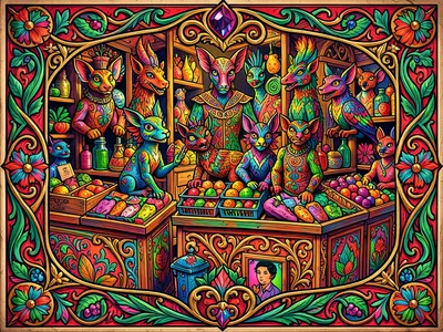 Mexican alebrijes (fantastical creatures) carved in wood, painted in vivid neon 
