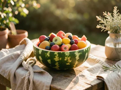 Carved watermelon bowl filled with mixed summer fruit, outdoor table