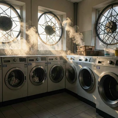 Steam rising from dryers in morning light through windows