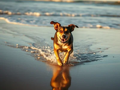 Candid photography of a joyful dog running along the shoreline on a sandy beach, splashing through shallow water, ears f
