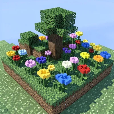 Voxel 3D illustration, cube garden with flowers , cubic voxel construction, bloc