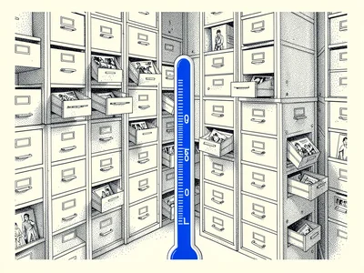 Pen-and-ink panorama of a city of stacked filing-cabinet buildings drawn in fine