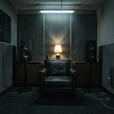 After-hours scene of a listening room with two tower speakers flanking a leather