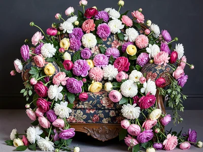 An armchair completely overwhelmed by cascading peonies and greenery