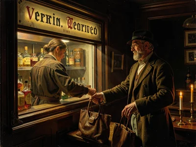 Drive-thru window at golden hour, Vermeer-style light streaming through service 