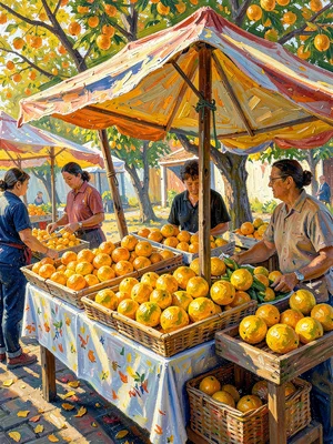 Market stall of citrus fruit under canvas shade, light filtering through orange 
