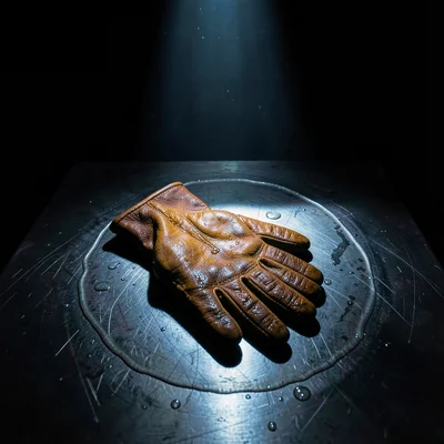 Top-down beam of cold blue light cutting onto a wet leather glove resting on a s