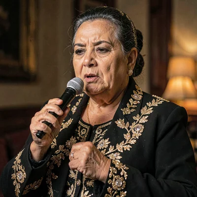 A determined Mexican mariachi singer in her forties holding a steady note, lamp 