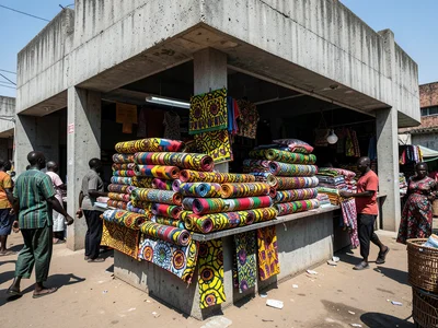 Wax print fabric market stall, rolls of vivid patterns stacked, busy market scen
