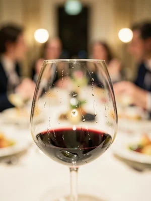 Wine glass rim with condensation, dinner party beyond